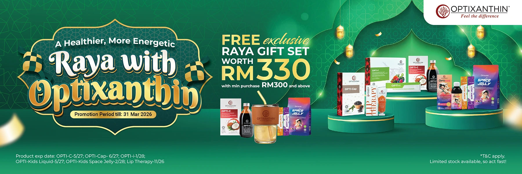 Optixanthin Raya promotion with gift set offer on a green background